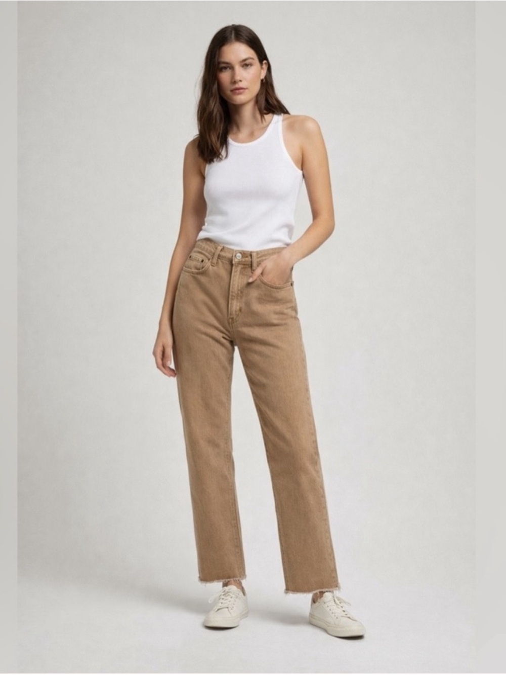 Re/Done 70s Stove Pipe High Rise Straight Leg Jeans in Washed Khaki